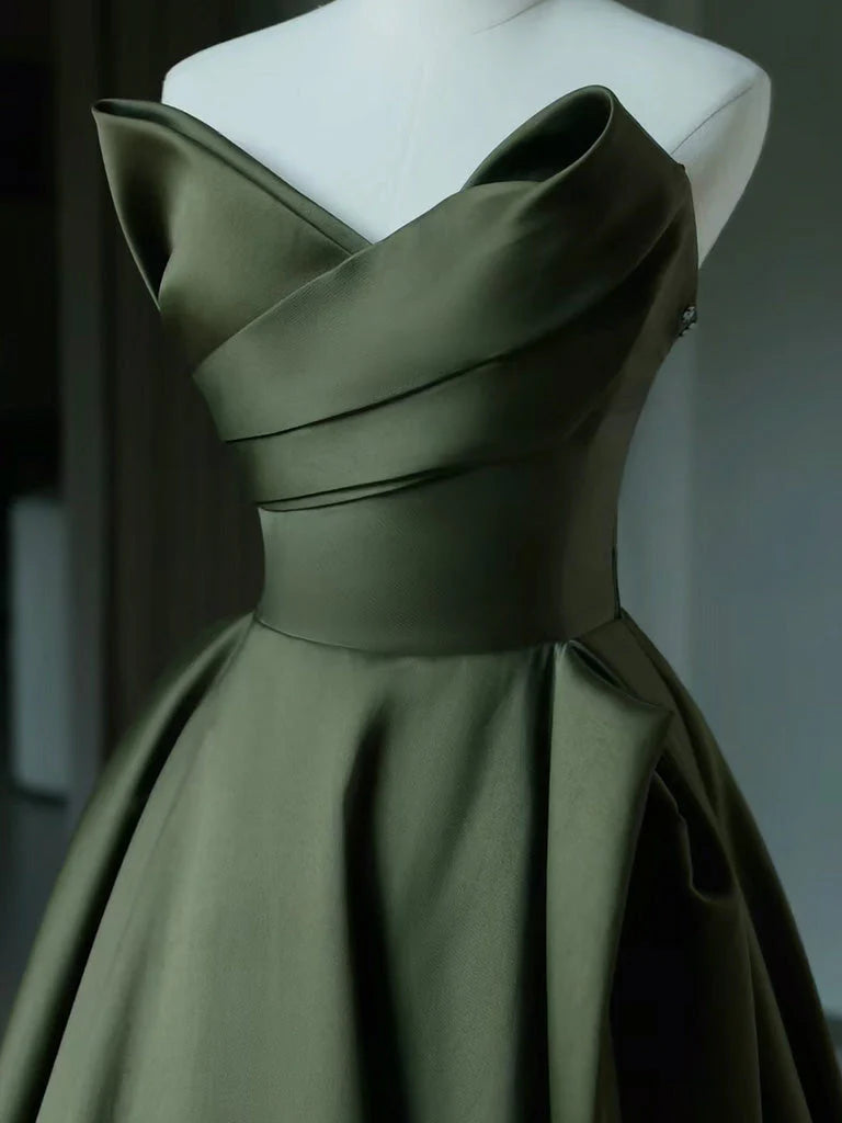 Wholesale A-Line V Neck Satin Green Long Prom Dress Green Long Formal Dress gowns evening dresses